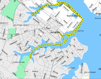 Map of Kayak Trip Paddling into Downtown Annapolis